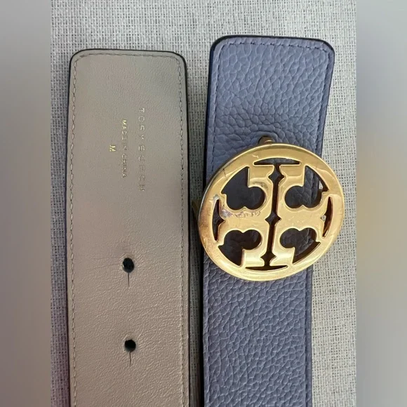Tory Burch 1" wide Reversible Double T Belt Blue Beige Cloud Blue Longan Gold - Picture 7 of 9